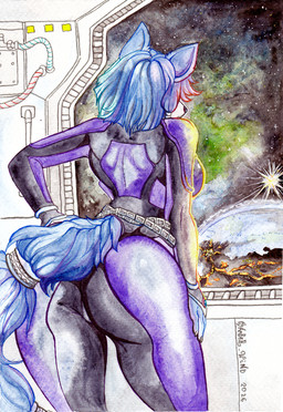 accessory blue_body blue_fur blue_hair bodysuit breasts butt clothing detailed_background female fur hair hair_accessory hand_on_hip rear_view skinsuit solo space tight_clothing amber_wind nintendo star_fox krystal_(star_fox) canid canine fox mammal 2026 hi_res painting_(artwork) traditional_media_(artwork) watercolor_(artwork)