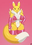 anthro bandai_namco big_breasts bikini breasts canid chest_tuft cleavage clothed clothing curvy_figure daxzor digimon digimon_(species) female fingerless_gloves gloves handwear hi_res legwear looking_at_viewer mammal navel pinup pose red_background renamon simple_background solo squish stockings swimwear thick_thighs thigh_highs thigh_squish tuft voluptuous wide_hips