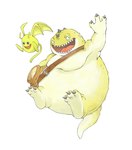 backpack bat black_eyes drackyma dragon dragon_quest duo fangs feral horn jargon mammal monster mythological_creature mythological_scalie mythology obese open_mouth overweight scales scalie semi-anthro simple_background smile square_enix tail teeth white_background wings yanedx yellow_body yellow_scales yellow_skin