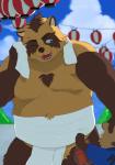 anthro belly bodily_fluids brown_body brown_fur duo fur humanoid_hands male moobs one_eye_closed overweight overweight_male sweat towel wink young kumadasi kumaura721 canid canine mammal raccoon_dog tanuki 2017 hi_res