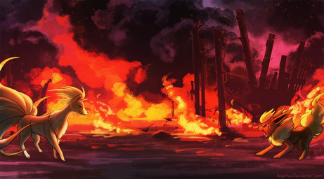 ambiguous_gender angry attack battle bodily_fluids burning_building crying destruction detailed_background duel duo feral fight fire forest multi_tail nude outside plant pose side_view smile smoke tail tears tree wood haychel nintendo pokemon canid canine eeveelution flareon generation_1_pokemon mammal ninetales pokemon_(species) digital_media_(artwork) full-length_portrait portrait