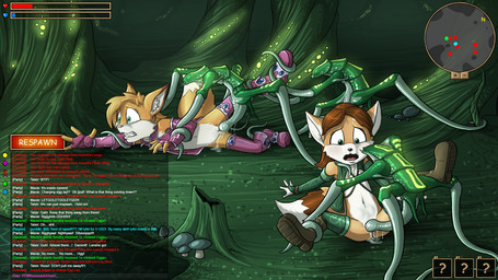anthro bottomless breasts chat_box clothed clothing defeated detailed_background egg egg_insertion erection female female_penetrated flat_chested forced forest fur gameplay_mechanics genitals group gui health_bar interspecies lying male male/female male_penetrating male_penetrating_female open_mouth oviposition ovipositor penetration penis plant rape restrained sex spread_legs spreading text tongue tree vaginal vaginal_penetration vulva young young_anthro netherwulf araxell maxie_(daisythedingo) taleir canid canine fox mammal monster 16:9 2016 english_text hi_res widescreen