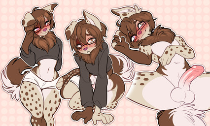anthro balls blush bottomwear brown_hair clothing crop_top erection eyewear femboy floppy_ears fur genitals glans glasses hair heterochromia hotpants humanoid_genitalia humanoid_penis male male_anthro midriff multiple_poses neck_tuft nude penis pose rectangular_glasses shirt shorts solo tail tan_body tan_fur topwear tuft xstupid_furryx elliot_winters canid canine canis domestic_dog mammal hi_res