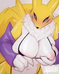 anthro atsuii bandai_namco big_breasts bikini black_sclera blue_eyes blush breast_fondling breast_play breasts canid canine clothing conditional_dnp digimon digimon_(species) female fondling fur hand_on_breast hi_res looking_at_viewer mammal nipples renamon solo swimwear tail white_body white_fur yellow_body yellow_fur