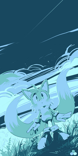 anthro clothing cloud footwear gloves grass handwear male night plant solo aoki6311 sega sonic_the_hedgehog_(series) miles_prower canid canine fox mammal 2015 blue_and_white blue_theme cool_colors monochrome restricted_palette
