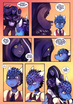 anthro biped blue_body blue_scales bodily_fluids crying dialogue dialogue_box duo female hair horn male purple_body purple_eyes purple_hair red_eyes scales size_difference speech_bubble tears text anonymous_artist faodai_(fragile_findings) zuka_(fragile_findings) kobold scalie unknown_species 2019 colored comic english_text hi_res