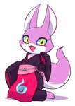anthro asian_clothing big_tail blue_sclera blush clothing east_asian_clothing fangs female fur japanese_clothing kimono kneeling purple_body purple_fur smile solo tail teeth yellow_eyes nollety asian_mythology east_asian_mythology japanese_mythology level-5 mythology yo-kai_watch inari_(yo-kai_watch) canid canine fox mammal yokai