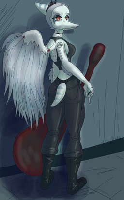 annoyed anthro arm_tattoo biped black_bottomwear black_clothing black_crop_top black_pants black_shirt black_topwear blood blue_body bodily_fluids bone_frill bored bottomwear breasts claws clothed clothed_anthro clothed_female clothing crop_top electric_guitar feathered_wings feathers female finger_claws fingers frill_(anatomy) frown grey_body grey_feathers grey_hair guitar hair half-closed_eyes head_turned holding_guitar holding_musical_instrument holding_object humanoid_hands looking_at_viewer markings medium_breasts musical_instrument narrowed_eyes non-mammal_breasts orange_eyes pants plucked_string_instrument sad scar shirt short_hair short_tail shoulder_tattoo solo standing string_instrument striped_markings stripes tail tattoo topwear wings wounded nuar_come_mundos cavemanon_studios goodbye_volcano_high ko_op_(game_developer) snoot_game fang_(gvh) prehistoric_species pterosaur reptile scalie 2023 absurd_res colored full-length_portrait hi_res portrait shaded