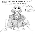 1:1 2019 anthro beverage canid canine canis clothed clothing dialogue domestic_dog english_text female hi_res hladilnik humor looking_at_viewer mammal military monochrome open_mouth samantha_thott scar smile solo sound_effects text uniform