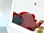 accessory anthro bag belly big_belly bottomless chubby_cheeks clothed clothing food furgonomics hand_on_belly hoodie horn lounging male morbidly_obese morbidly_obese_anthro morbidly_obese_male obese obese_anthro obese_male overweight overweight_anthro overweight_male pastry red_body red_scales scales smile smirk solo tail tail_accessory tail_bag topwear gandere kobold scalie 4:3