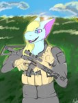 anthro backlighting basic_shading female gun light plate_carrier ranged_weapon rifle rifle_sling simple_background smile solo standing weapon natyashork fish marine shark absurd_res hi_res lighting