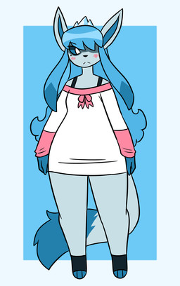 anthro black_bra black_clothing black_underwear blue_body blue_hair blue_inner_ear blue_sclera blush blush_lines bottomless bow_ribbon bra clothed clothing crown female hair headgear ice long_sleeve_shirt markings mole_(marking) multicolored_clothing multicolored_topwear obscured_eyes pink_bow pink_clothing pink_shirt pink_topwear shirt solo tiara topwear topwear_only two_tone_clothing two_tone_tail two_tone_topwear underwear white_clothing white_eyes white_shirt white_topwear nerdyreindeer nintendo pokemon eeveelution generation_4_pokemon glaceon pokemon_(species) 2025 hi_res