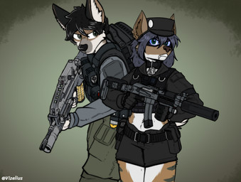 anthro backpack bared_teeth belt belt_pouch black_clothing black_gloves black_handwear bottomwear cargo_pants clothing collar cropped_jacket d-ring dog_tags duo eyewear female frown frowning_at_viewer gloves goggles grenade_belt grenade_launcher gun handgun handwear hat headgear headwear leaning leaning_forward looking_at_viewer magazine_(gun) magazine_pouch male medium_hair midriff military pants pistol plate_carrier ranged_weapon rifle shorts silencer submachine_gun tactical_belt tactical_gear tactical_gloves teeth uniform weapon vizelius canid canine canis domestic_dog felid mammal prehistoric_species saber-toothed_tiger hi_res