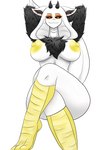 2_horns 3_toes anthro areola avian_legs black_arms black_horn black_sclera black_tuft chest_tuft crossed_legs feathered_arms feet female hands_behind_head horn inner_ear_fluff nipples simple_background snake_hood solo tail toes tuft white_background white_body white_tail yellow_areola yellow_eyes yellow_legs yellow_nipples caracolito slightly_damned fan_character mezyera accipitriform avian bird bovid caprine earth_demon_(slightly_damned) goat hybrid mammal reptile scalie secretary_bird snake absurd_res hi_res signature watermark