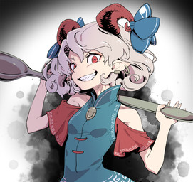 accessory blue_bow bovid_horn bow_ribbon breasts caprine_horn clothed clothed_female clothed_humanoid clothing curly_hair cutlery ear_piercing ear_ring female fingernails furgonomics grey_hair grin hair holding_spoon horizontal_pupils horn horn_accessory horn_bow horn_ribbon humanoid_pointy_ears kitchen_utensils nails piercing pointy_ears pupils red_eyes red_horn ribbons ring_piercing sharp_fingernails sharp_nails sharp_teeth short_hair small_breasts smile solo spoon teeth tools kawayabug touhou yuuma_toutetsu animal_humanoid bovid bovid_humanoid caprine caprine_humanoid horned_humanoid humanoid mammal mammal_humanoid 2021 absurd_res hi_res