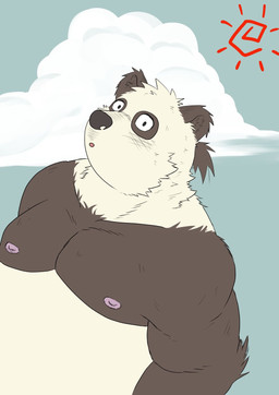 anthro belly black_body black_nose cloud kemono male moobs nipples outside overweight overweight_male solo sun white_body o_hashi2020 bear giant_panda mammal 2022 hi_res