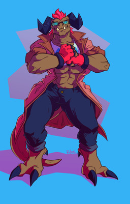 anthro clothed clothing cracking_knuckles eyewear glasses horn looking_at_viewer male muscular muscular_anthro muscular_male smile solo standing rube fallout microsoft deathclaw scalie digital_media_(artwork) hi_res shaded