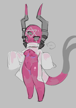3_eyes antennae_(anatomy) breasts clothing facial_markings female forehead_markings grey_eyes head_markings long_sleeves machine markings multi_eye nipples pink_body pink_tail robe solo tail white_clothing alretta rain_world videocult fan_character strawberry_milk_(alretta) iterator_(rain_world) robot hi_res