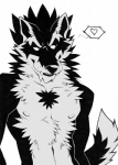 anthro countershading fangs front_view fur heart_symbol looking_aside male nipples nude raised_tail simple_background smile solo tail teeth white_background aluminemsiren orion_(aluminemsiren) canid canine canis mammal wolf black_and_white monochrome