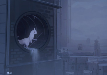 ambiguous_gender black_sclera detailed_background digitigrade feral holding_melee_weapon holding_object holding_polearm holding_spear holding_weapon melee_weapon pipe polearm semi-anthro solo spear walking water weapon white_body white_eyes discreet_user rain_world videocult survivor_(rain_world) slugcat 2023 hi_res
