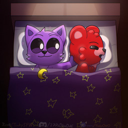anthro bed bed_sheet bedding bedroom black_eyes blanket blush blush_lines duo ears_up female fluffy fur furniture heart_reaction heart_symbol male moon_symbol paws pupils purple_body purple_fur red_body red_fur sleeping sleeping_together touching_head white_pupils window_light tinky mob_entertainment poppy_playtime smiling_critters bobby_bearhug catnap_(poppy_playtime) bear domestic_cat felid feline felis mammal 1:1 hi_res