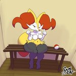 anthro bench breasts featureless_breasts female medium_breasts pokeball red_eyes sitting solo tail thick_thighs guyzep nintendo pokemon braixen generation_6_pokemon pokemon_(species) 1:1 hi_res