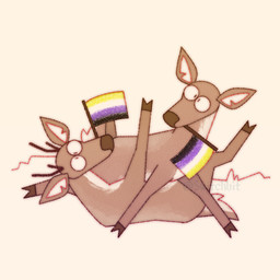 ambiguous_gender brown_nose cloven_hooves countershading cross-eyed duo feral flag grass hooves lgbt_pride nonbinary_pride_colors plant pride_colors simple_background tail text unguligrade white_background white_body white_countershading switchbit deer mammal 1:1 artist_name hi_res