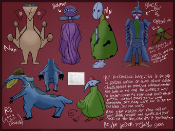ambiguous_gender anthro armor blue_body brown_body cloak cloak_only clothing ear_piercing group headgear headgear_only helmet helmet_only multicolored_body piercing profanity purple_body scar standing talking_to_viewer text two_tone_body white_body rockpankake electronic_arts maxis_(ea) spore_(game) black_bars_(rockpankake) roi_(rockpankake) alien deer mammal miteling 2026 4:3 digital_media_(artwork) english_text hi_res model_sheet