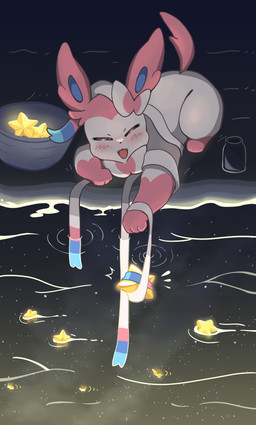3_toes ambiguous_feral ambiguous_gender beach blue_inner_ear blush bowl butt container cute_fangs detailed_background eyes_closed fangs feet feral fishing front_view fur glowing happy jar kemono leg_markings lying markings monotone_tail multicolored_body multicolored_fur night on_front open_mouth open_smile outside pink_body pink_ears pink_fur pink_tail pink_tongue quadruped reflection ribbons sand sky smile socks_(marking) solo star star_polygon starry_sky tail teeth toes tongue two_tone_body two_tone_fur water white_body white_fur nacl_chicken nintendo pokemon eeveelution generation_6_pokemon mammal pokemon_(species) sylveon 2025 absurd_res colored digital_media_(artwork) hi_res shaded simple_shading