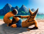 anthro backlighting beach biped black_body black_fur blue_eyes claws clothed clothing day detailed_background detailed_fur feet finger_claws fingerless_(marking) fur gloves_(marking) inner_ear_fluff leg_markings light looking_at_viewer lying male markings mountain on_side orange_body orange_fur outside pupils sand sea seaside shadow slit_pupils smile socks_(marking) solo swimming_trunks swimwear toe_claws toeless_(marking) topless tuft water kippycube ceylis canid canine fox mammal 2020 detailed lighting signature