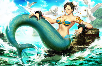 5_fingers alternate_species black_hair breasts clothing cloud day ear_piercing ear_ring feathered_wings feathers female fingers group hair navel piercing ring_piercing rock split_form wings genzoman capcom street_fighter chun-li aquatic avian bird merfolk 2020