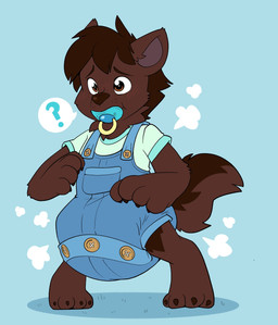 4_fingers 4_toes after_transformation age_regression ambiguous_gender anthro big_diaper blue_background blue_clothing blue_pacifier blue_shirt blue_topwear blush blush_lines brown_body brown_claws brown_ears brown_finger_claws brown_fur brown_nose brown_tail brown_toe_claws button_(fastener) claws clean_diaper clothed clothing diaper diaper_under_clothing feet finger_claws fingers fur huge_diaper leg_markings markings object_in_mouth overalls pacifier pacifier_in_mouth poof_transformation purple_inner_ear question_mark shirt shortalls simple_background socks_(marking) solo speech_bubble standing tail three-quarter_view toe_claws toes topwear wearing_diaper whisker_spots bubblepuppers mythology villa_(cryo-lithius) canid canine mammal mythological_canine mythological_creature werecanid werecanine werecreature werewolf absurd_res full-length_portrait hi_res portrait