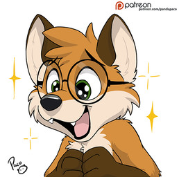 anthro black_nose cheek_tuft eyewear facial_tuft fangs front_view fur glasses green_eyes happy head_tuft logo male nude open_mouth open_smile orange_body orange_fur patreon_logo pink_tongue round_glasses simple_background smile solo sparkles tan_body tan_fur teeth text tongue tuft white_background young young_anthro young_male pandapaco patreon canid canine fox mammal artist_logo bust_portrait portrait signature url