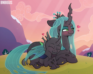 black_body black_skin butt crown cuddling duo female green_eyes green_hair hair headgear hole_(anatomy) horn insect_wings male queen royalty solo sunset teeth text tsundere wings bnbigus friendship_is_magic hasbro my_little_pony queen_chrysalis_(mlp) arthropod changeling_(mlp) 5:4 digital_media_(artwork) hi_res