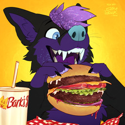 anthro black_body black_fur blue_eyes blue_nose bodily_fluids burger chest_tuft cosmic_hair drooling eating ethereal_hair eyebrows fangs fast_food food fur happy male mouth_shot multicolored_body open_mouth purple_body purple_fur purple_mouth saliva simple_background solo sparkles teeth tongue tuft two_tone_body shira_tekzer kitsunaki canid canine fox mammal 1:1 2026 absurd_res headshot_portrait hi_res portrait shaded