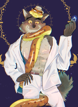 5_fingers anthro athletic athletic_male bare_chest belt biped black_eyebrows black_nose bottomwear brown_body brown_ears brown_fur brown_scales brown_spots brown_tail chest_tuft clothed clothing coiling countershade_torso countershading duo eyebrows fangs featureless_chest feral fingers front_view fur glistening glistening_body glistening_scales grey_body grey_countershading grey_fur grey_inner_ear grin hand_on_hip hand_on_own_hip hat headgear headwear holding_object jacket looking_at_viewer male male/male male_anthro markings navel open_clothing open_jacket open_topwear pants partially_clothed purple_background raised_eyebrow ring_(jewelry) scales shirt simple_background smile spots spotted_body spotted_scales standing suit suit_jacket tail teeth topwear tuft white_bottomwear white_clothing white_jacket white_pants white_suit white_topwear yellow_body yellow_scales yellow_sclera koko2unite dreamworks the_bad_guys mr._snake_(the_bad_guys) mr._wolf_(the_bad_guys) animate_inanimate canid canine canis living_clothing mammal reptile scalie snake wolf 2022 absurd_res detailed digital_media_(artwork) digital_painting_(artwork) hi_res painting_(artwork) portrait shaded signature three-quarter_portrait