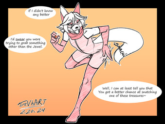 anthro armwear bodysuit boots butt_slap clothed clothing dialogue domino_mask elbow_gloves eyemask eyewear femboy footwear gloves handwear kerchief leather legwear male mask scarf shoes skinsuit slap smile spanking speech_bubble tail teasing text thief thigh_boots thigh_highs tight_clothing trevhart scarlett_(trevhart) canid canine fox mammal 2024 english_text