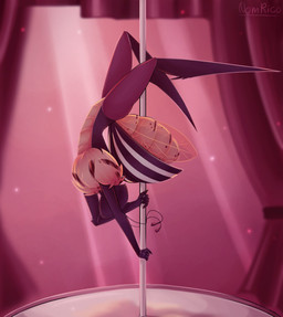 5_fingers antennae_(anatomy) anthro arthropod_abdomen curtains dancing female fingers neck_tuft pole pole_dancing solo stage text tuft nomrico hollow_knight_(franchise) team_cherry fan_character luka_(nomrico) arthropod beetle colorado_potato_beetle insect leaf_beetle 2023 artist_name digital_media_(artwork) english_text hi_res