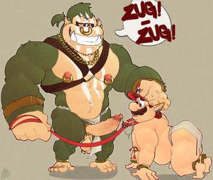 all_fours anthro big_penis bottomwear chest_harness clothing duo forced genitals gold_(metal) harness leash loincloth male male/male moobs muscular nipple_piercing nipples overweight pecs penis piercing ribbed_penis size_difference slightly_chubby beefkek blizzard_entertainment donkey_kong_(series) mario_bros nintendo warcraft donkey_kong_(character) mario ape elf gorilla haplorhine human mammal orc primate