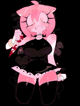 accessory black_clothing black_dress black_headband black_legwear black_thigh_highs blood bodily_fluids bracelet breasts clenched_teeth clothing crying dress eyelashes fangs female fur headband holding_knife holding_object jewelry knife legwear long_eyelashes pink_body pink_fur smile solo tears teeth thick_thighs thigh_highs wide_hips usa37107692 sega sonic_the_hedgehog_(series) amy_rose eulipotyphlan hedgehog mammal hi_res portrait three-quarter_portrait