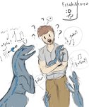 blush clothing confusion female feral group hair happy heart_symbol humor interspecies male open_mouth simple_background smile text eisekil jurassic_park jurassic_world universal_studios blue_(jurassic_world) chris_pratt owen_grady dinosaur dromaeosaurid human mammal prehistoric_species reptile scalie theropod velociraptor english_text hi_res mother_(lore) mother_and_child_(lore) parent_(lore) parent_and_child_(lore)