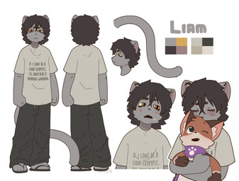 age_difference ambiguous_gender anthro arms_at_sides black_hair blush bottomwear cargo_pants clothed clothing duo footwear front_view fur grey_body hair hug hugging_another hugging_from_behind male nuzzling pants sandals shirt shoes simple_background solo_focus standing text text_on_clothing text_on_shirt text_on_topwear topwear yellow_eyes young young_anthro young_male capnkabi cody_(capnkabi) canid canine felid feline fox mammal english_text hi_res model_sheet male_(lore)