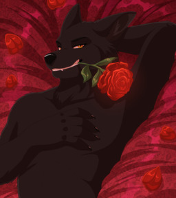 anthro bed bedroom_eyes black_body black_fur claws flower flower_in_mouth fur furniture holidays inviting inviting_viewer lying male narrowed_eyes nude nude_anthro nude_male on_back plant raised_arm romantic romantic_ambiance rose_(flower) rose_in_mouth seductive solo lawkie valentine's_day fenwolf canid canine mammal hi_res