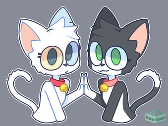 anthro bell bell_collar black_body black_eyebrows black_fur closed_smile collar dipstick_tail duo eyebrows eyelashes female femboy fur gloves_(marking) green_eyes grey_background hands_together heterochromia logo looking_at_viewer male markings mouth_closed multicolored_body multicolored_fur pink_collar pink_inner_ear pink_nose raised_eyebrows red_collar simple_background smile tail tail_markings text white_body white_fur white_hands aiyhav_nouneim meloncholy_(aiyhav_nouneim) neko_obama_(aiyhav_nouneim) domestic_cat felid feline felis mammal 2021 artist_logo artist_name half-length_portrait portrait