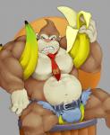 abs anthro banana barrel belly belt biceps big_biceps big_muscles biped bodily_fluids bottomwear brown_body brown_eyes brown_fur bulge clenched_teeth clothed clothing denim denim_clothing food front_view fruit fur holding_object looking_at_viewer male manly musclegut muscular muscular_anthro muscular_male necktie pecs plant pose relaxing shorts simple_background sitting solo spread_legs spreading sweat teeth topless thedragonred12 donkey_kong_(series) nintendo donkey_kong_(character) ape haplorhine mammal primate 2016 hi_res