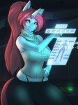 anthro breasts clothed clothing computer electronics female fully_clothed hand_on_hip hologram horn pose sleeveless_sweater solo standing sweater thong topwear underwear oughta hasbro my_little_pony mythology kai_(oc) equid equine mammal mythological_creature mythological_equine unicorn digital_media_(artwork) shaded