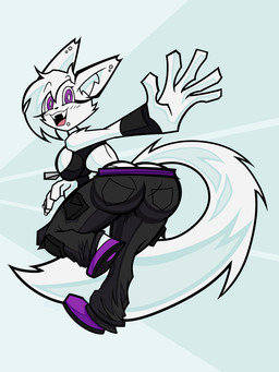 anthro arm_tuft big_breasts big_butt black_clothing blush blush_lines bottomwear breasts butt butt_cleavage clothing ear_piercing eyelashes facial_piercing fangs female female_anthro fluffy fluffy_tail fur gesture head_tuft inner_ear_fluff lip_piercing open_mouth open_smile oversized_bottomwear oversized_clothing oversized_pants panties pants panty_lines panty_peek piercing purple_clothing purple_eyes rear_view shoulder_tuft side_boob smile solo tail teeth topwear tuft underwear upper_teeth waving waving_at_viewer white_body white_clothing white_fur white_panties white_underwear wristband zipper cackling_pumpkins wave_the_fennec_fox canid canine fennec_fox fox mammal true_fox 2025 3:4 absurd_res digital_drawing_(artwork) digital_media_(artwork) hi_res
