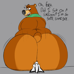 anthro apology big_butt black_nose brown_body brown_eyes brown_fur butt butt_focus countershade_butt countershading dialogue duo facesitting fur green_kerchief green_neckerchief grey_background grey_body grey_fur huge_butt kerchief looking_back male male/male neckerchief neckwear nub_tail profanity rear_view simple_background sitting sitting_on_another size_difference tail text nabb-kun mating_season_(series) josh_(mating_season) nabb_(nabb-kun) bear brown_bear grizzly_bear mammal procyonid raccoon ursine 1:1 2026 absurd_res colored digital_drawing_(artwork) digital_media_(artwork) english_text hi_res