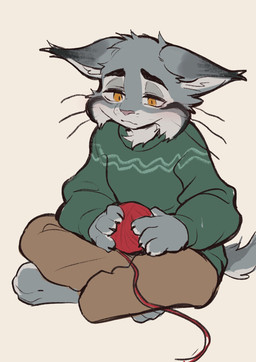 anthro bottomwear clothing fur grey_body grey_fur male pants sad simple_background solo sweater topwear yarn yellow_eyes madataro disney zootopia pawbert_lynxley canada_lynx felid feline lynx mammal hi_res