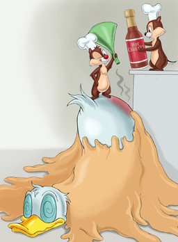 anthro beak brown_body brown_fur butt butt_torture chef_hat clothing dough exposed_butt feathers funnel fur group hat headgear headwear male reddened_butt stuck tail tail_feathers trio unconscious white_body white_feathers zdrer456 disney chip_(disney) dale_(disney) donald_duck anatid anseriform avian bird chipmunk duck ground_squirrel mammal rodent sciurid hi_res story_at_source